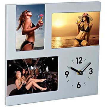 3 adet fotoğraf bölmesi ve saati bulunan, fonksiyonel plastik duvar veya masa saati
